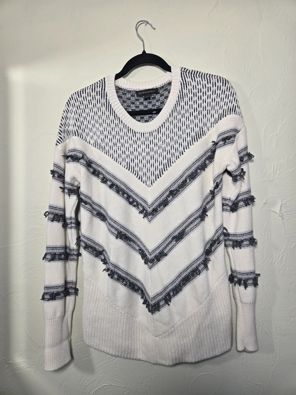 Women's knit sweater, Banana Republic, white/black, cotton blend, all seasons.
